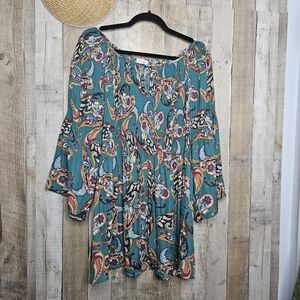 Avenue Pullover Pleaded Long Sleeve Green Paisley Tunic Size 26/28